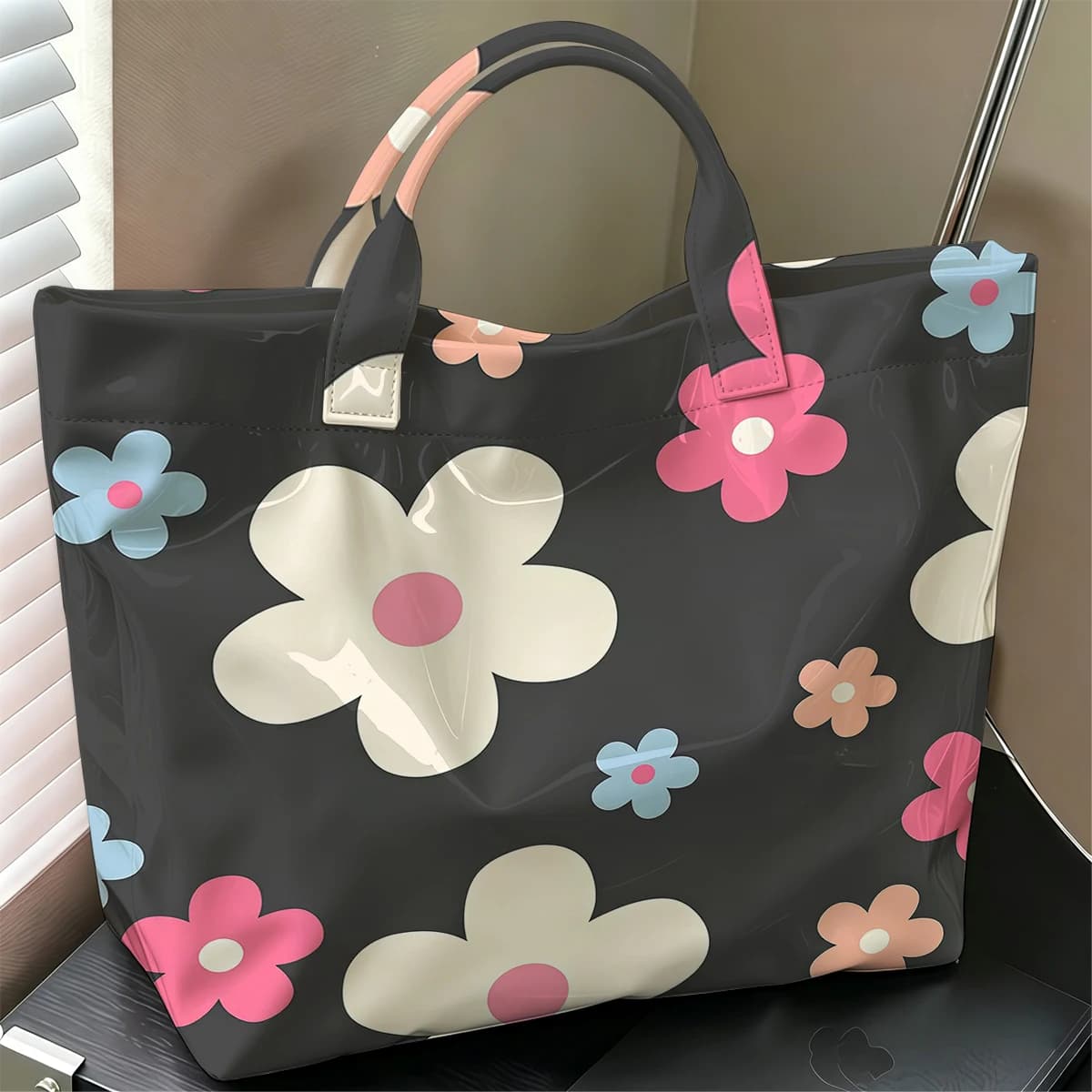 Blush & Blue Floral Stylish Large Glossy PVC Tote Bag Washable Waterproof Durable for Travel Commute Cosmetics Books Handbags