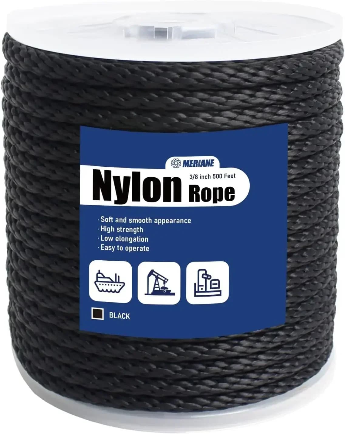 Corda in nylon nera 3/8 pollici 500FT – Corda intrecciata solida multiuso – Ideale per campeggio, stendibiancheria, applicazioni marine, corda per bandiera