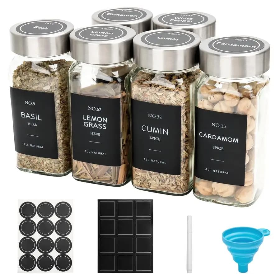 Set di barattoli in vetro per spezie con etichette, barattoli per spezie da 4oz con coperchi, set di contenitori per condimenti, include tappi per bottiglie di spezie, colla in silicone.