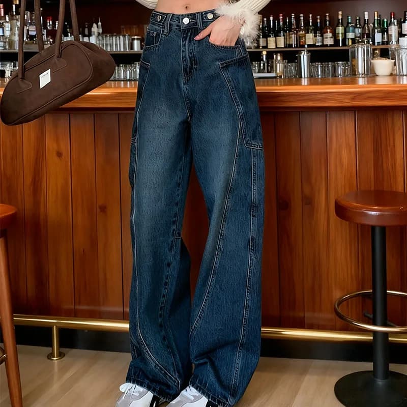 Autunno 2025 Jeans a gamba larga affusolati slim a vita alta Y2K Pantaloni in denim blu vintage Dongdaemun Orlo curvo per le donne
