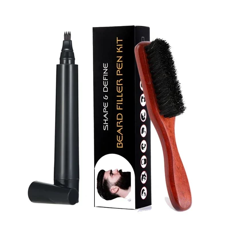 Waterproof Beard Pen + Boar Bristle Facial Hair Brush Long Lasting Hair Coverage Beard Shaped Pencil Filler Hair Growth Products