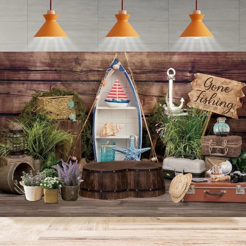Sfondo Fotografico 'Andato a Pescare' con Pannelli di Legno Rustici Marroni, Ancora, Tema Nautico, Sfondo per Compleanno Pescatore, Decorazione Murale per Feste