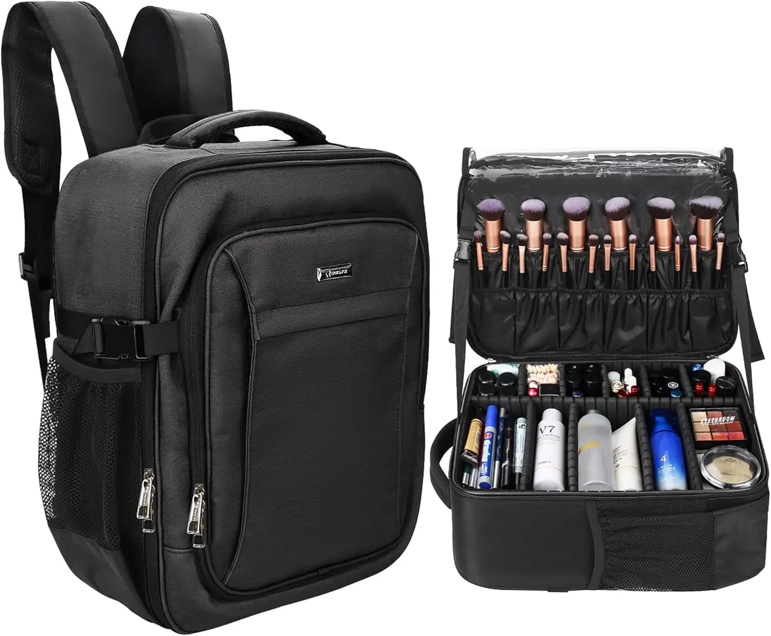 Zaino Professionale da Viaggio per Trucco da Donna, Grande Organizer per Cosmetici con Divisori Regolabili e Porta Pennelli