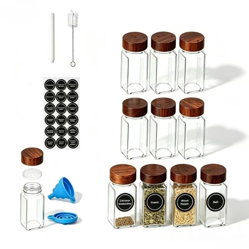 Seasoning Jars Set Glass Spice Jars with Labels,Wood Lid Square Spice Containers with Brush Lids &Funnel for Rack Cabinet Drawer