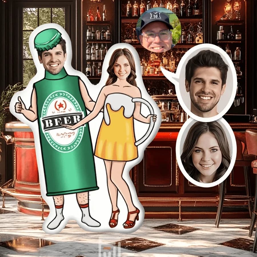 Cuscino a forma di abito da sposa per coppia a forma di birra, cuscino per decorazione di nozze, personalizzazione dell'immagine di design a doppia faccia