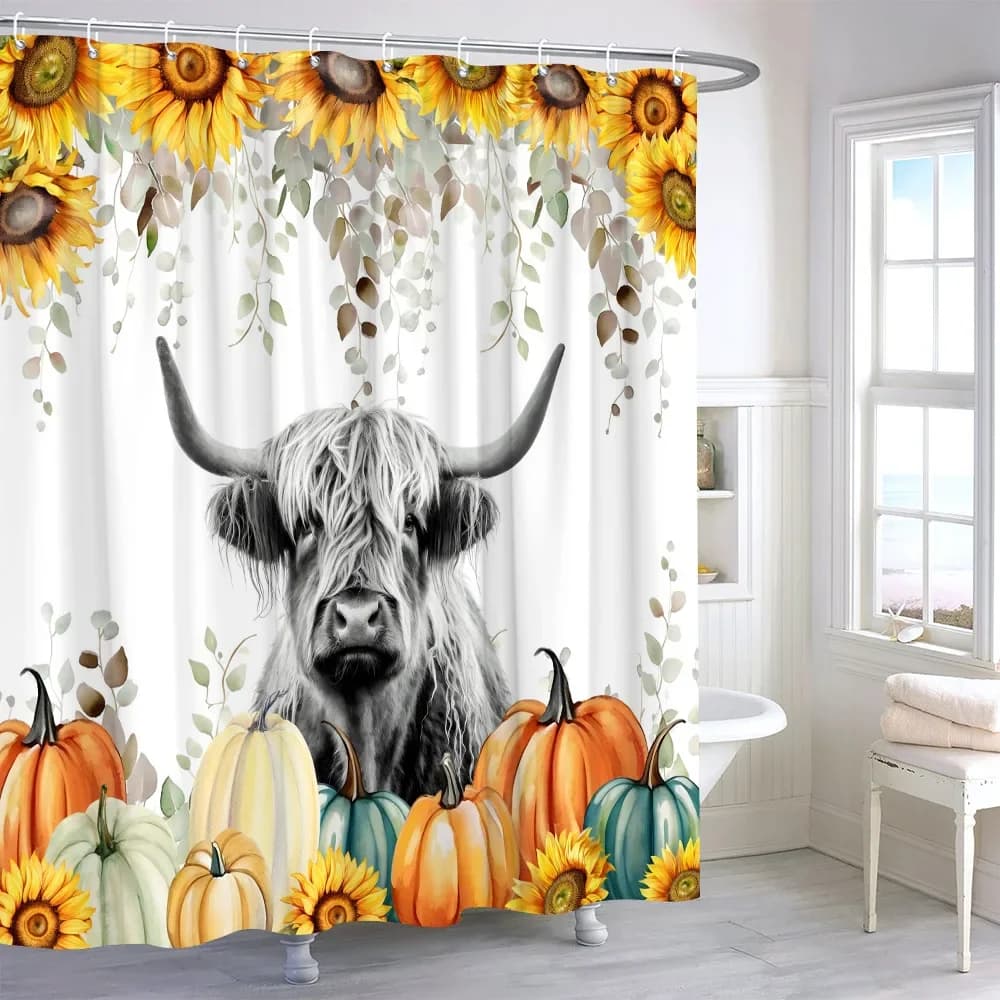 Tenda da doccia con zucca e foglie di mucca delle Highland, regalo autunnale per il Ringraziamento, tenda da bagno in tessuto poliestere con stampa ad acquerello, arredamento per il bagno