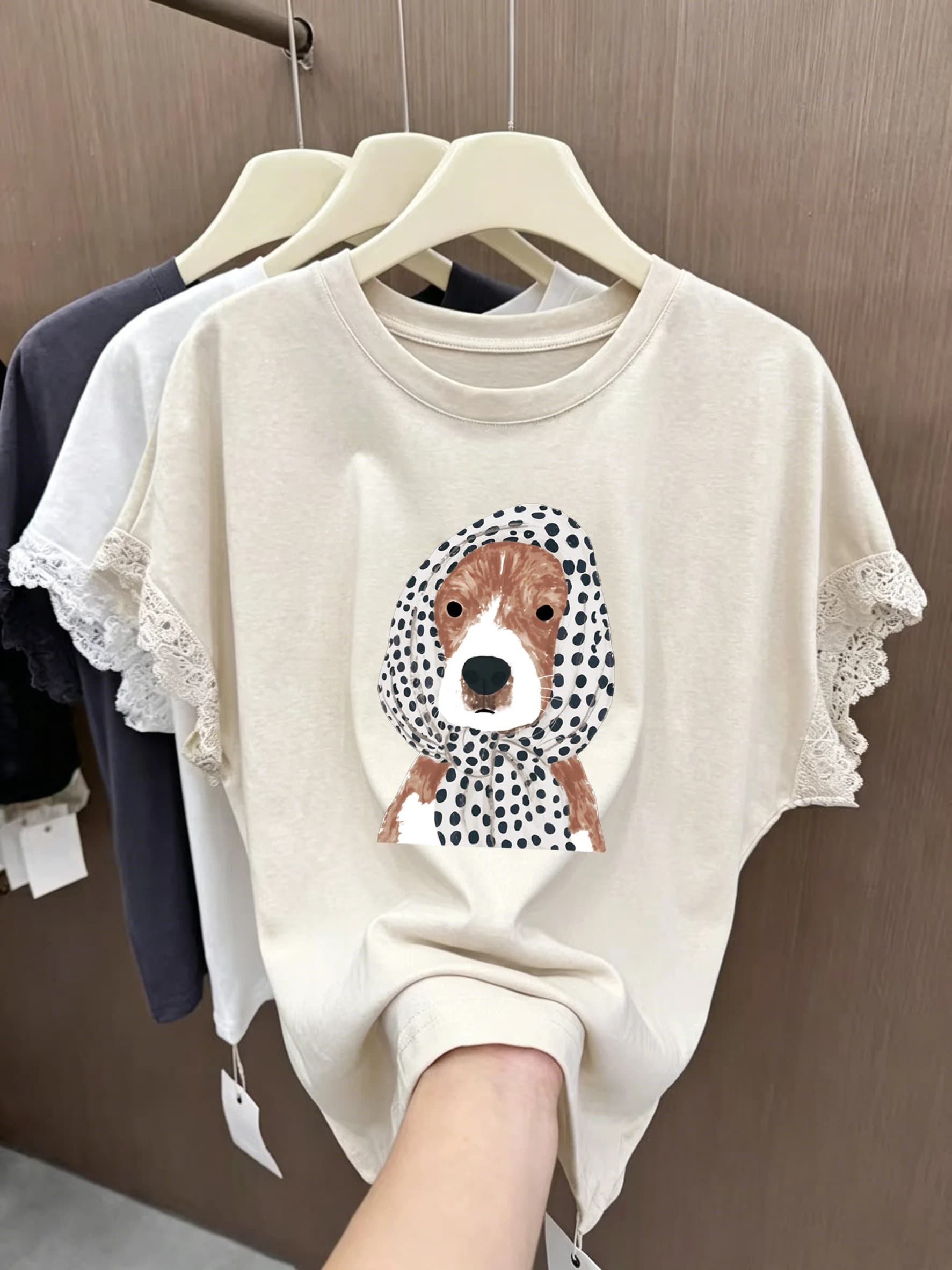 Summer New Women's Loose Fit Short Sleeve T-shirt Lace Splicing Cartoon Print High-End Feeling Korean Style round Neck Top