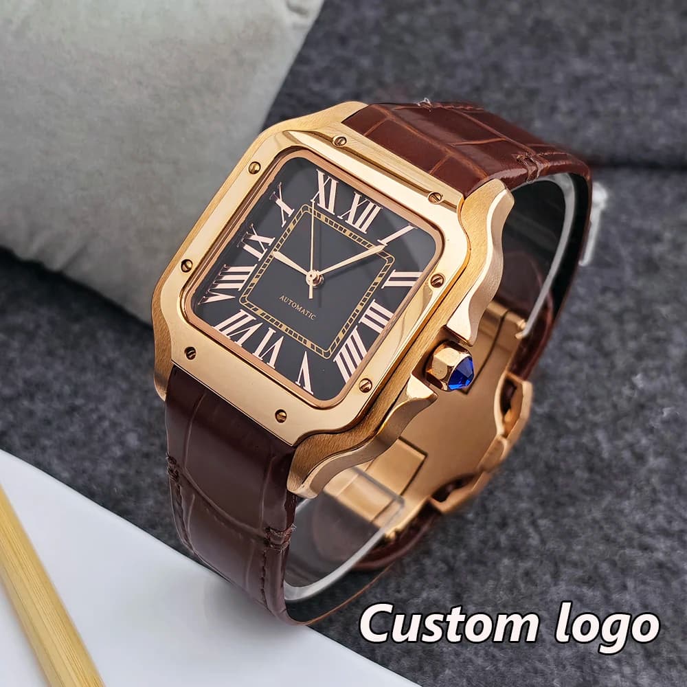 Men's automatic watch with 38 mm square watch, custom logo, pink gold dial, suitable for watches accessories with movement NH35