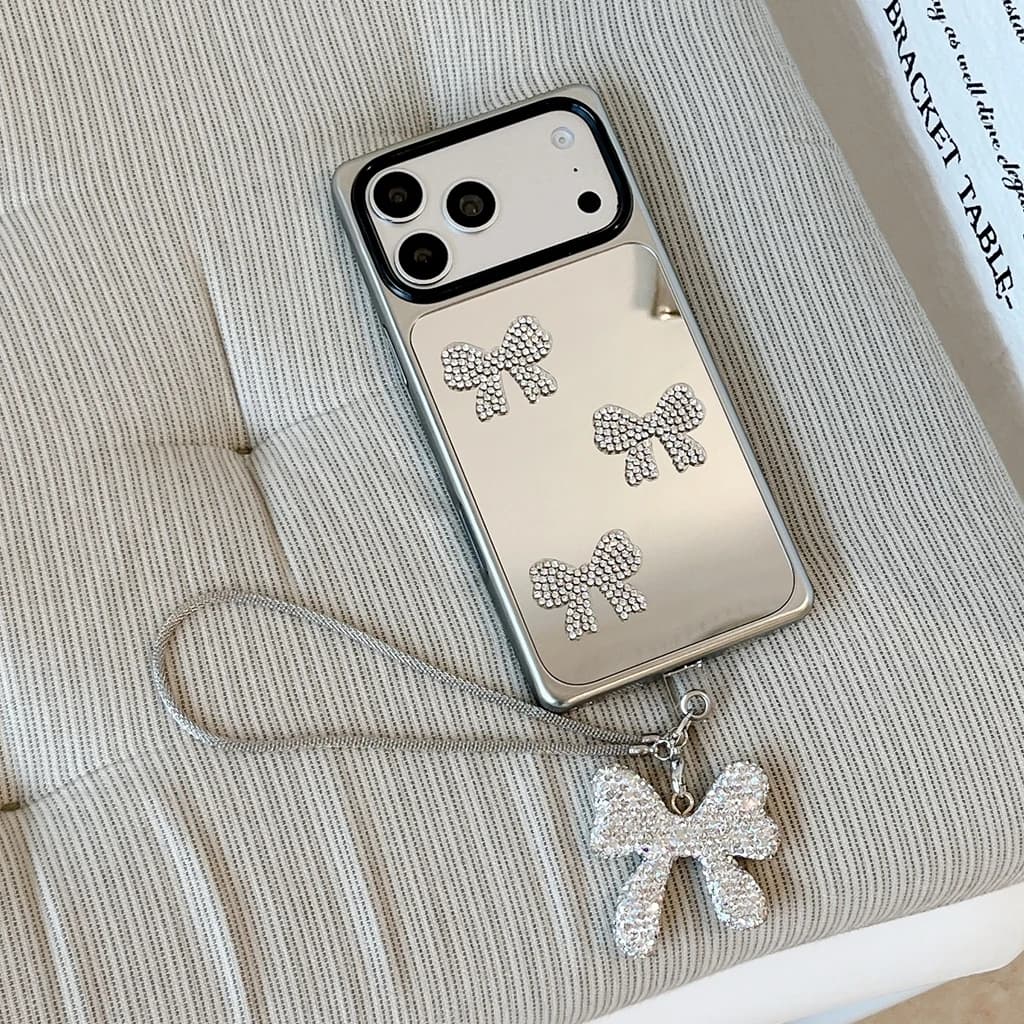 Custodia per telefono rettangolare antiurto in stile coreano con decorazione a fiocco a specchio e laccetto, per iPhone 17 16 15 Pro Max