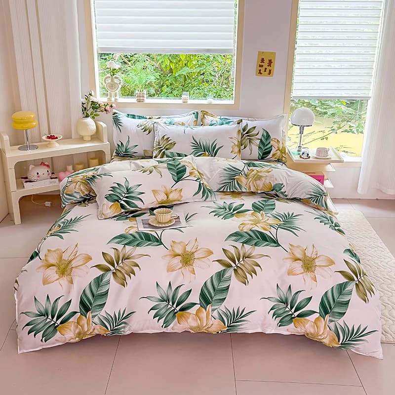 Set di biancheria da letto floreale con foglie tropicali, 4 pezzi, biancheria da letto morbida e traspirante con copripiumino, federe e lenzuolo, misura Full/Queen/King