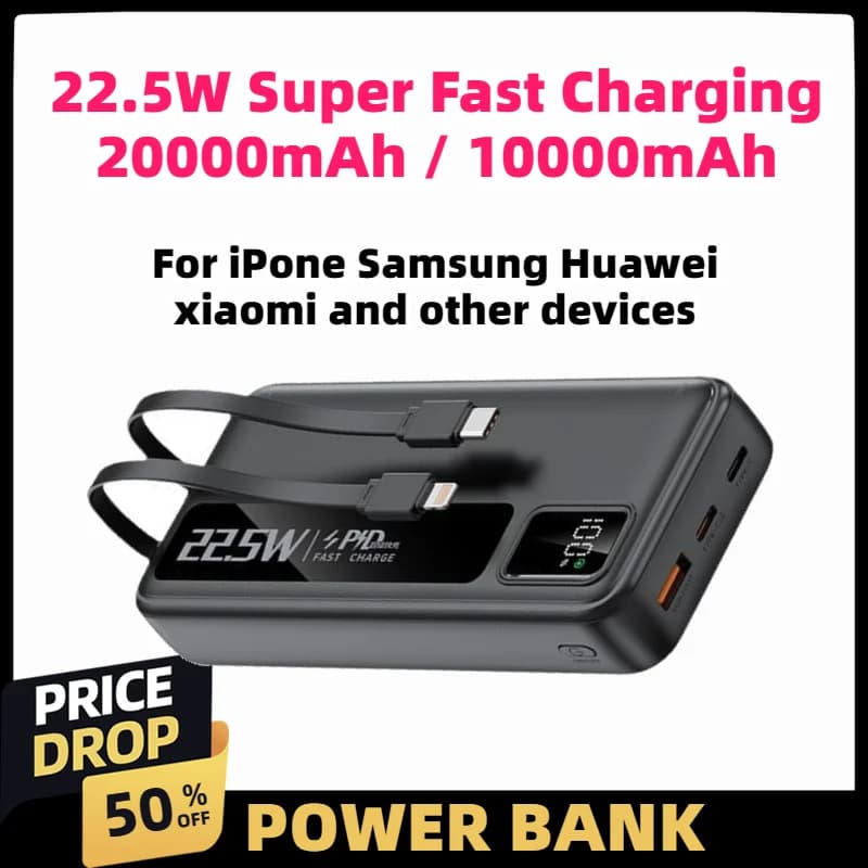 20000mAh 22.5W Fast Charging Power Bank 3C Certified Built in Cable High Capacity Portable Battery for Smartphones Tablets