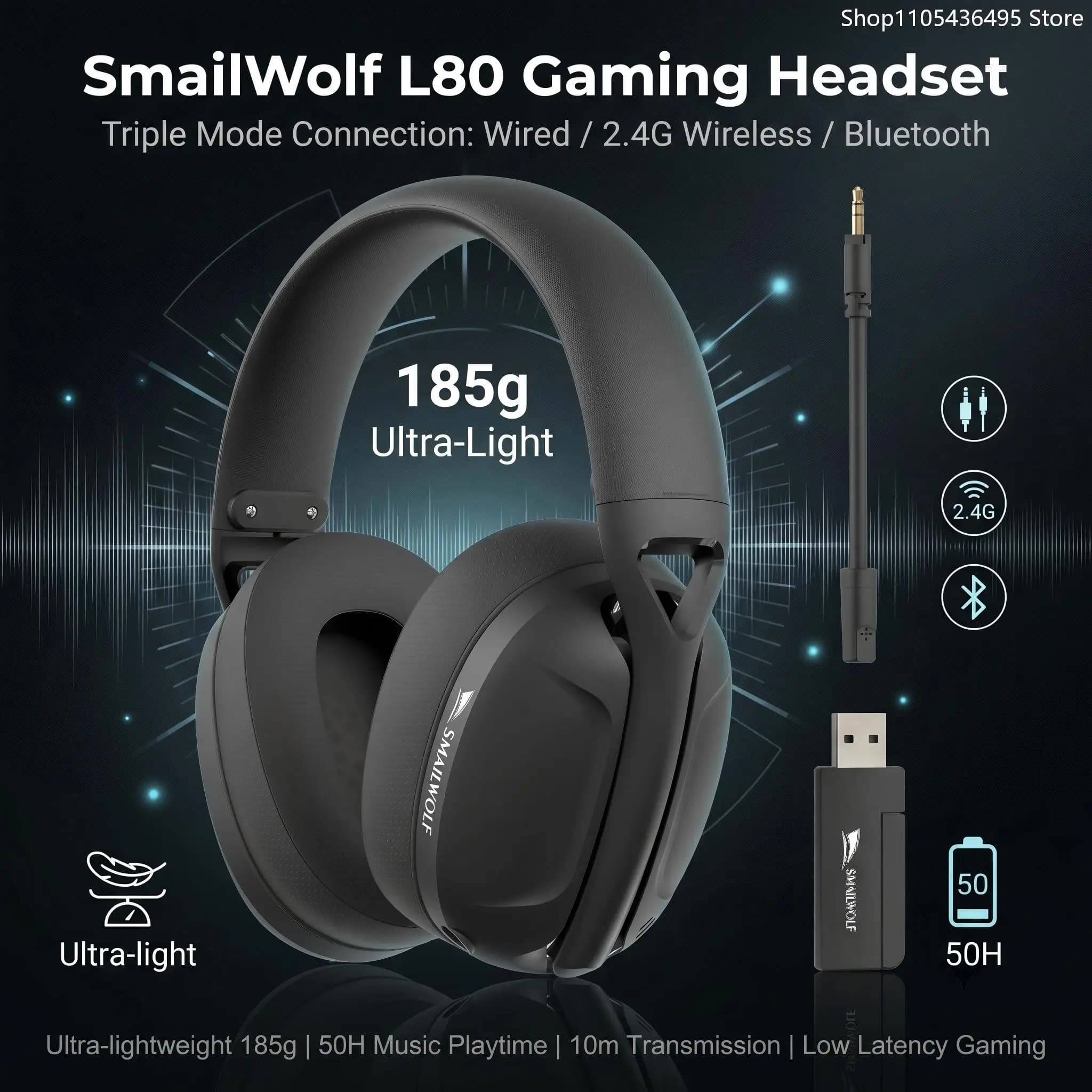 SmailWolf L80 Tri-Mode Gaming Headset BT 2.4G Wired 50H Playtime 185g±10g Black White Over Ear Headphones