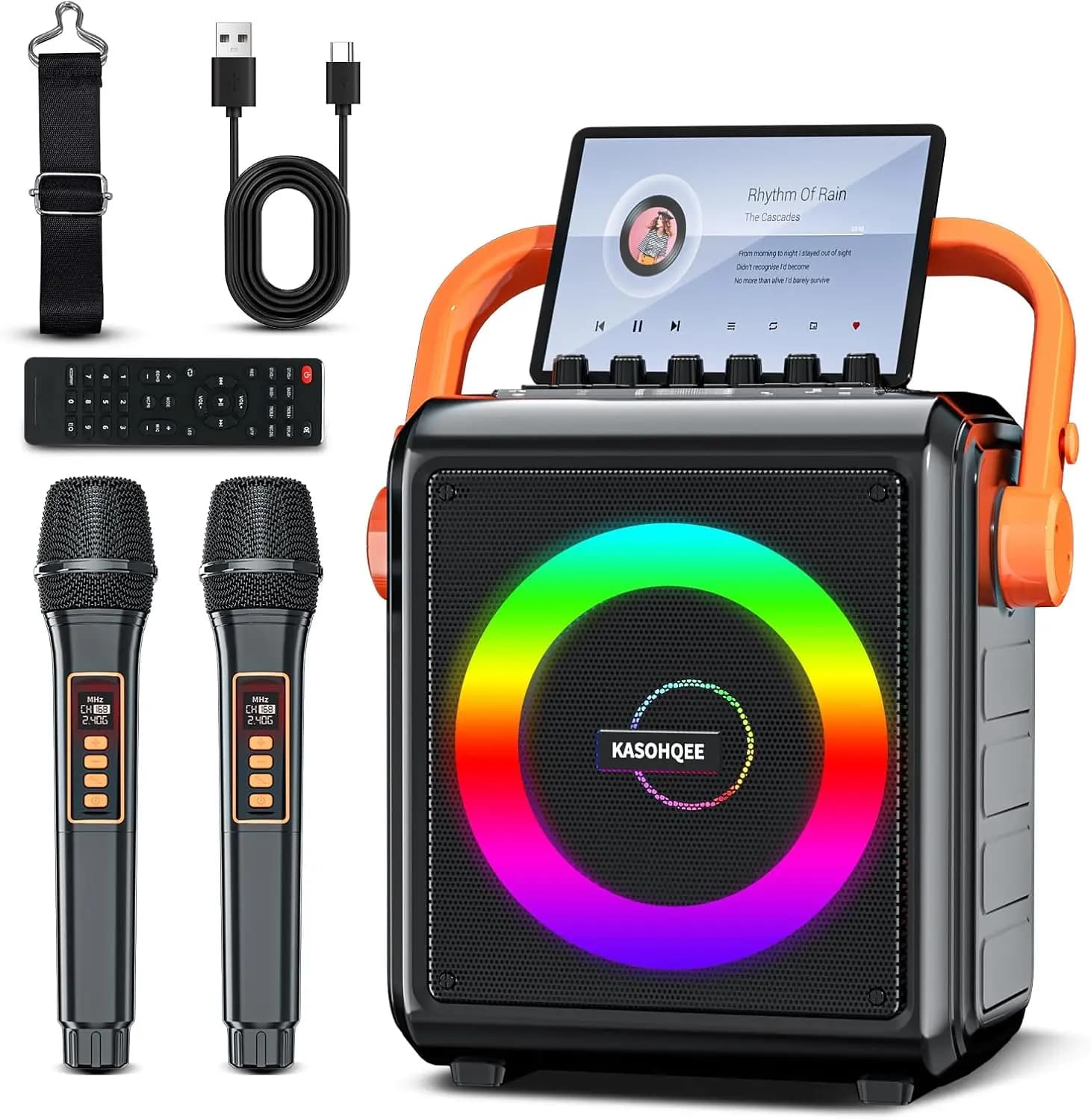 Macchina per Karaoke Portatile con 2 Microfoni Wireless, Altoparlante Bluetooth, Luci, TF/AUX/FM/REC per Feste