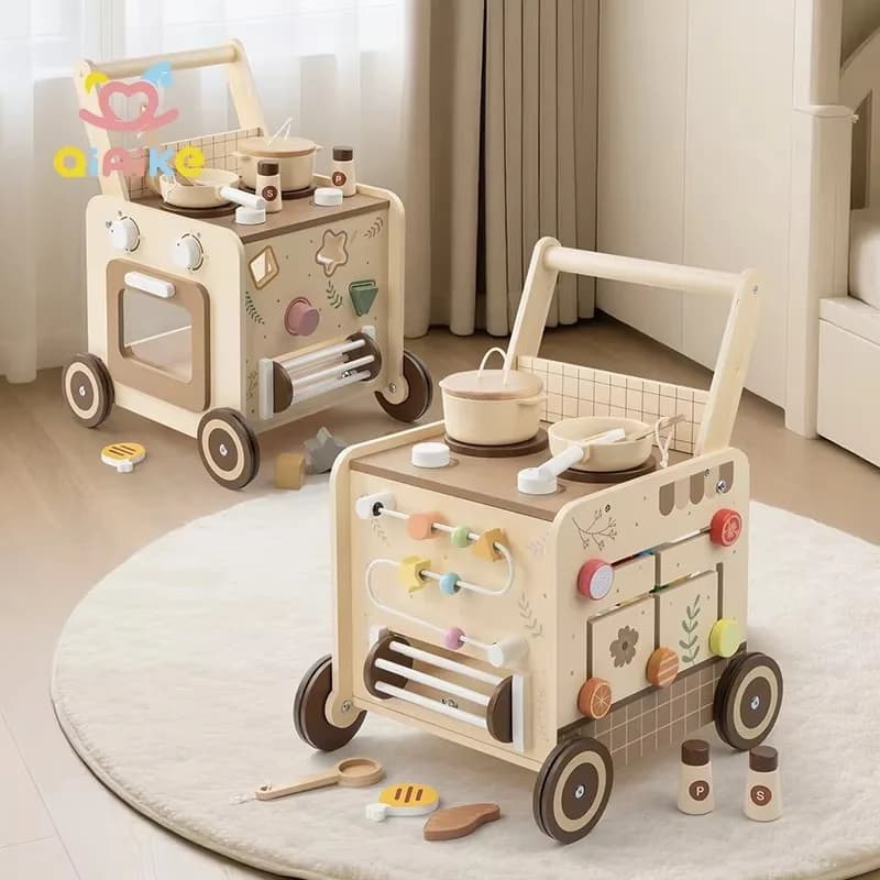 Wooden baby walker 4-in-1 baby stroller with pretend kitchen Montessori sensory activity center stroller baby toy