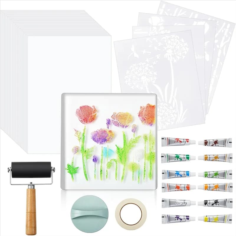 Acrylic Paint, Gel Printing Plate Kit 7 X 7 Inch, Complete Monoprinting Set With Brayer, Paper And Tools For Making
