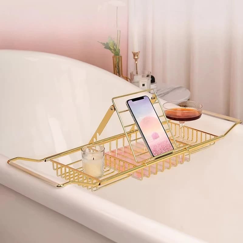 Vassoio da bagno espandibile in acciaio inossidabile, mensola da bagno sopra vasca, supporto per laptop, organizer da bagno in filo metallico, portaoggetti