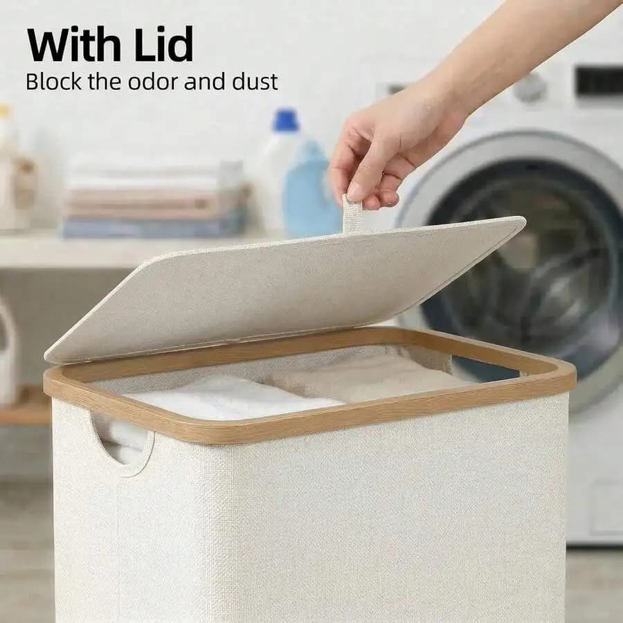 Efluklim Laundry Basket With Lid, Narrow Laundry Hper With Removable Bag, Skinny Dirty Clothes Basket With Bboo Handles For