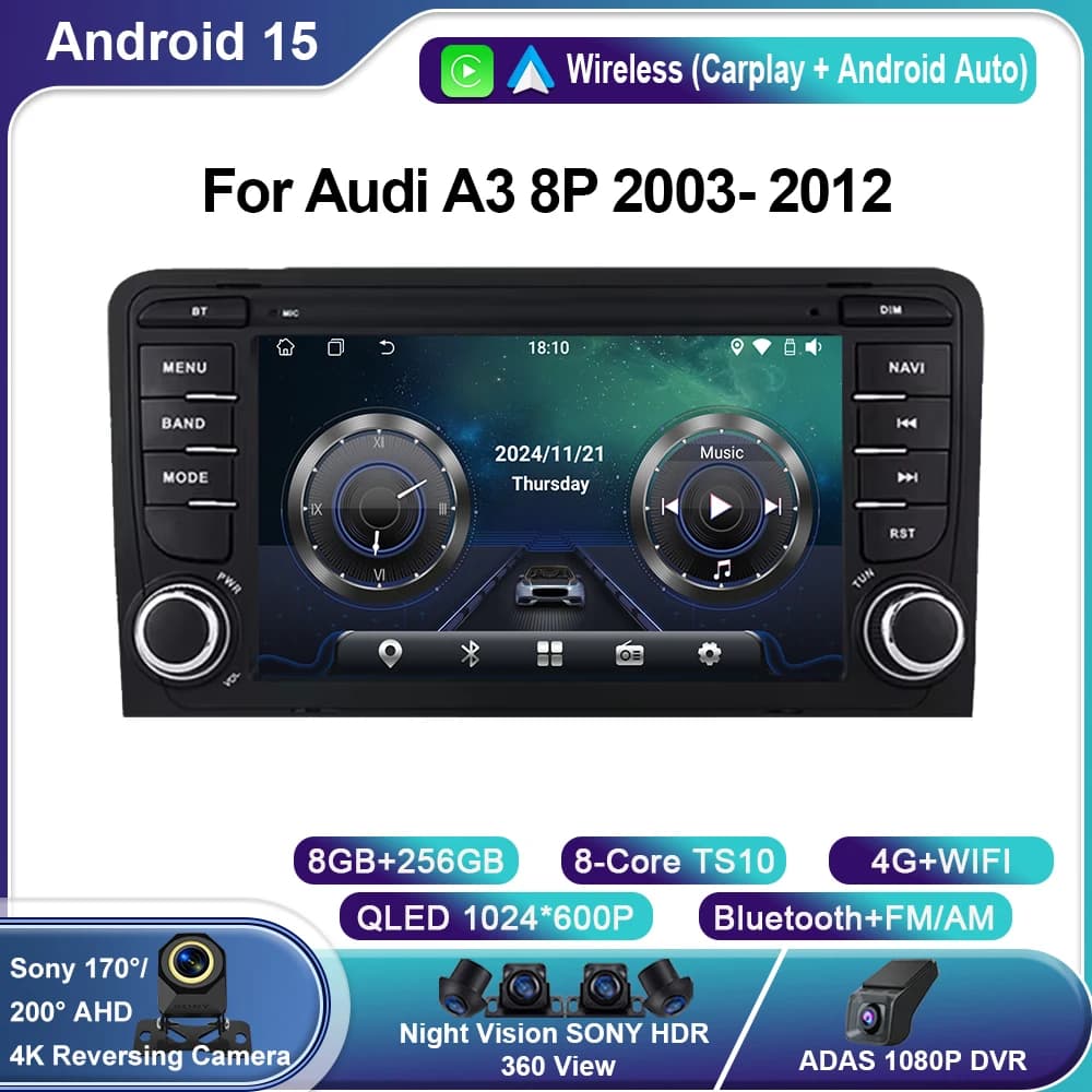 Per Audi A3 8P 2003- 2012 Android 15 S3 RS3 Autoradio Sistema Intelligente di Navigazione GPS Carplay Touch Screen RDS 8 Core Wifi 5G