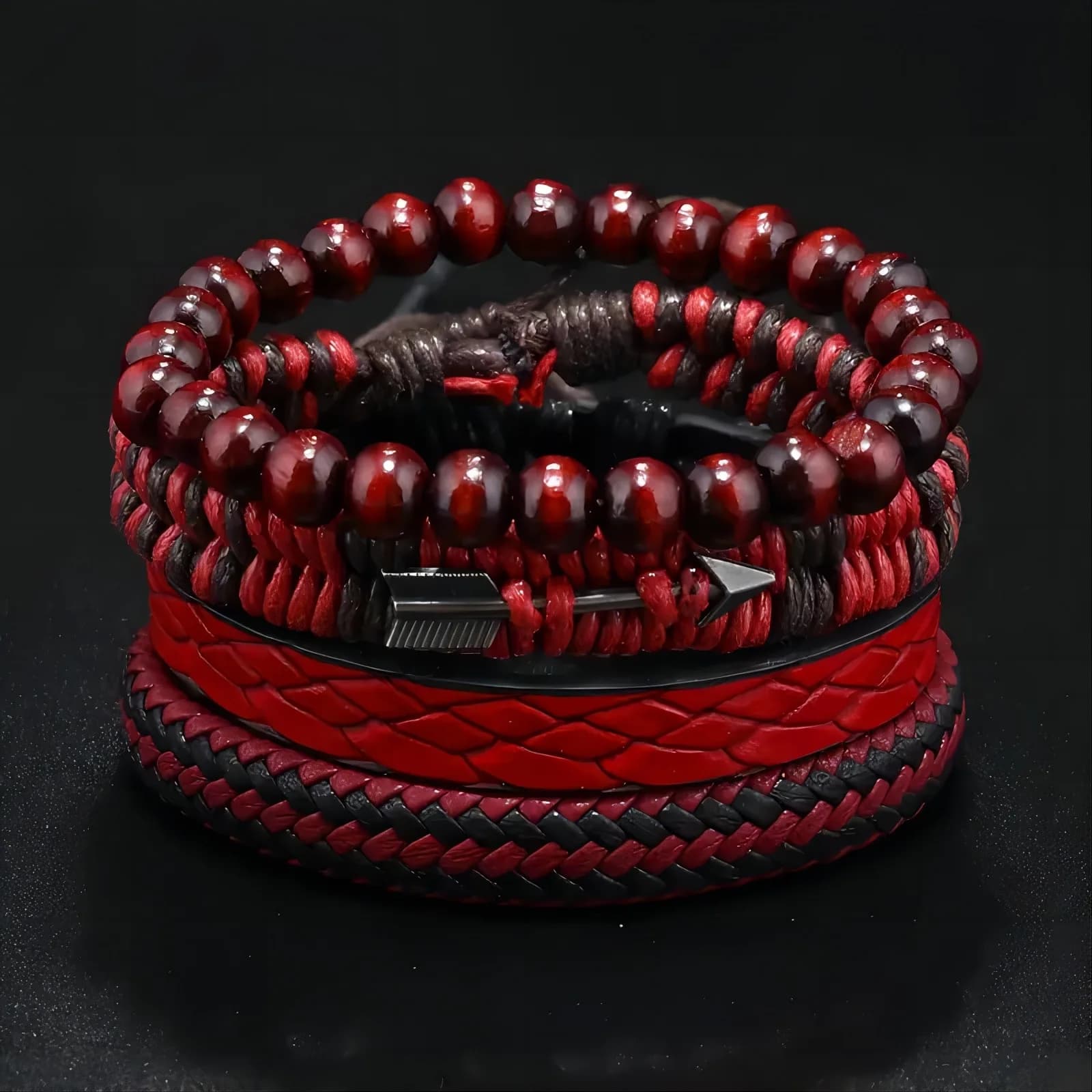 Bracciale in pelle da uomo vintage alla moda Freccia di Cupido Braccialetti di moda retrò intrecciati a mano in pelle con perline di legno per uomo