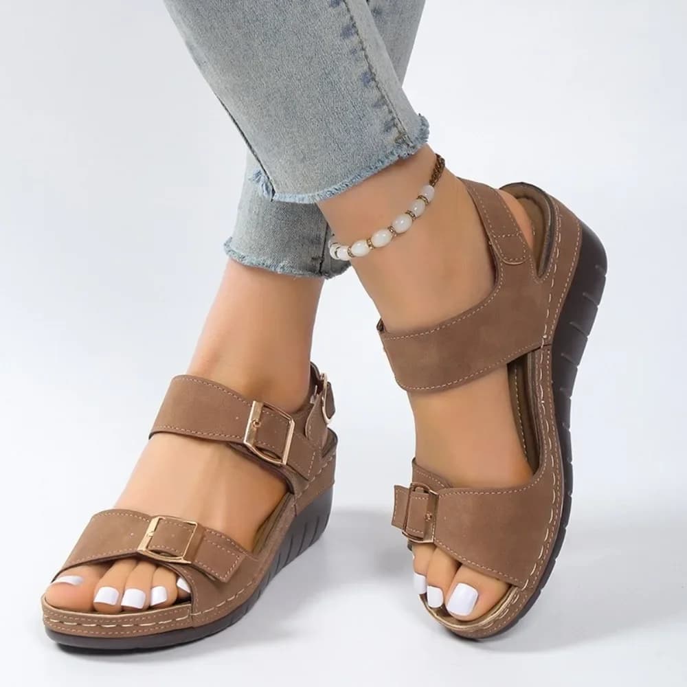 Women Double Buckle Wedge Sandals Adjustable Strap Back Strap Open Toe Arch Support Ladies Summer Casual Orthopedic Walking Sand