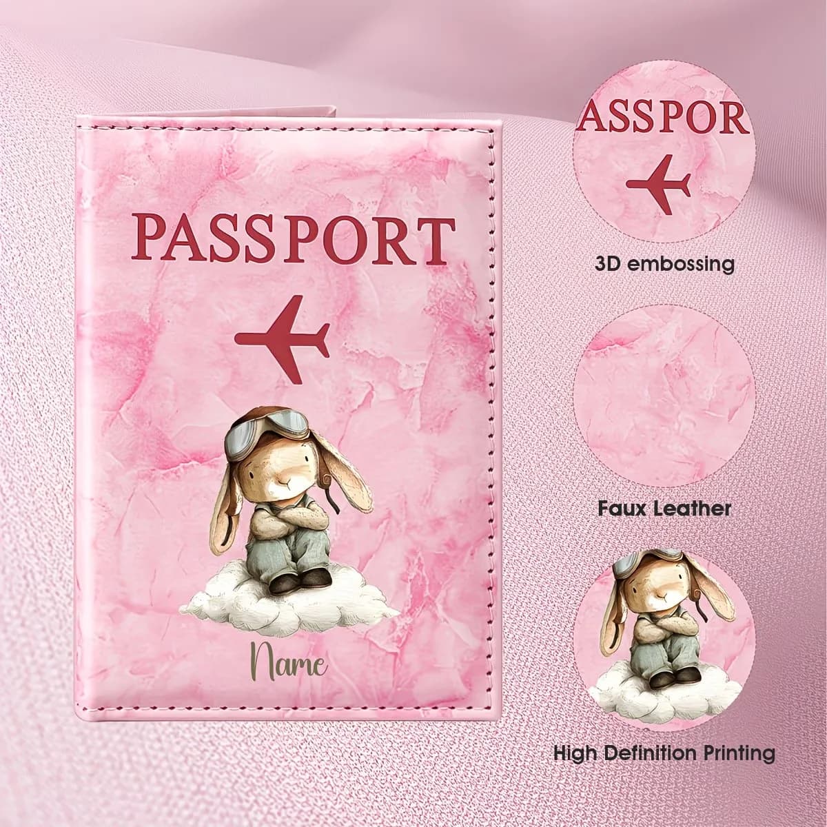 Personalized Name Custom Cute Rabbit Pilot Illustration Design PU Passport Holder, Featuring a Cartoon Rabbit Wearing