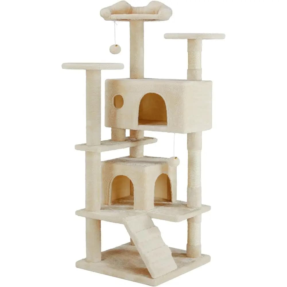 48 Inch Cat Tree Tower with Scratching Post, Beige | Multi-Level Indoor Condo with Climbing Ladder, Plush Toy, Play House for Ki