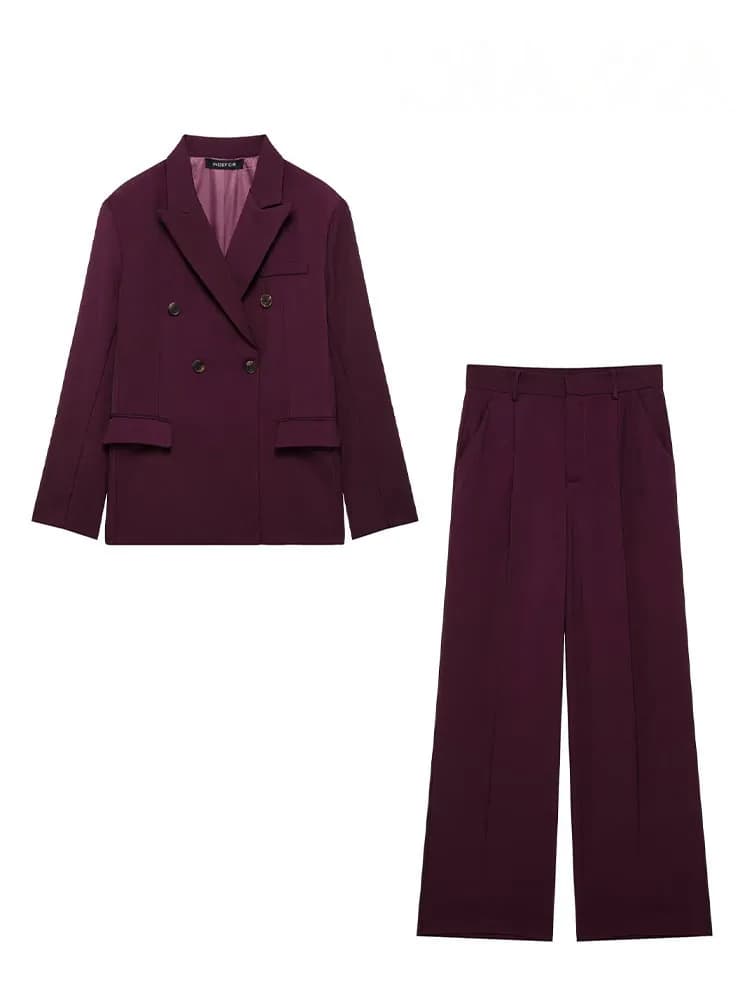HH Women's Spring Fashion Blazer Pants 2-Piece Suit Female Lapel Double-Breasted Suit Jacket+Pocket Zipper Pleated Trousers