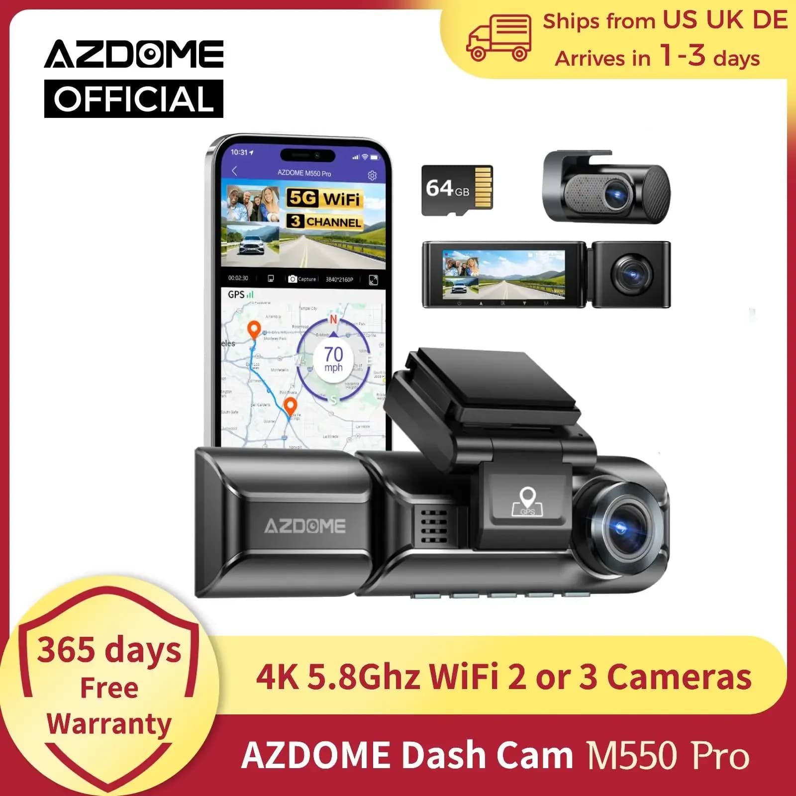 AZDOME 4K Dash Cam M550 Pro Built-in 5.8Ghz GPS WiFi for cars DVR Update AZDOME M550 Night Vision Parking Monitor Support Rear Cam