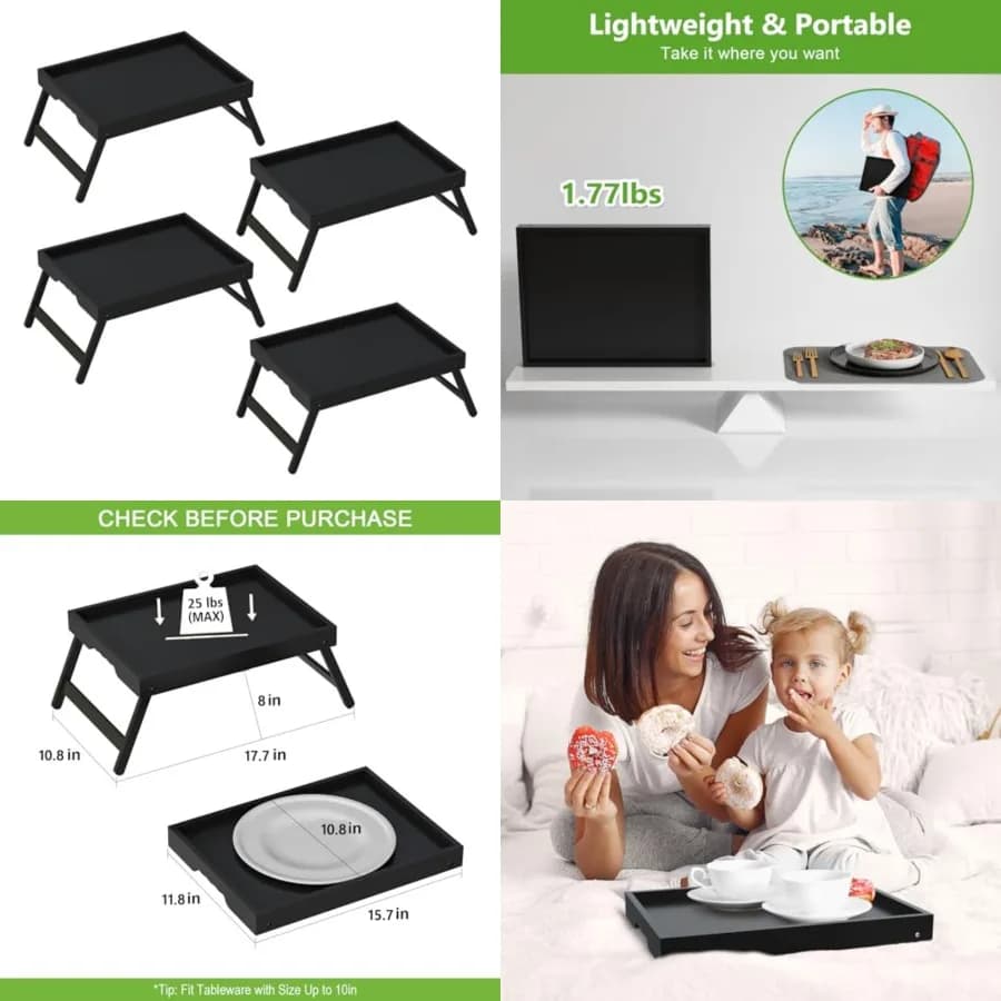 Vassoio da Letto con Gambe Pieghevoli, per Colazione a Letto, Vassoio da Cucina, Divano, Pranzo, Utilizzabile Come Scrivania per Laptop, Vassoio per Snack, Confezione da 4