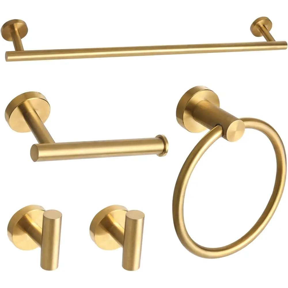 Set di accessori da bagno in oro spazzolato da 5 pezzi: 24 portasciugamani, porta carta igienica, anello porta asciugamani e portaoggetti