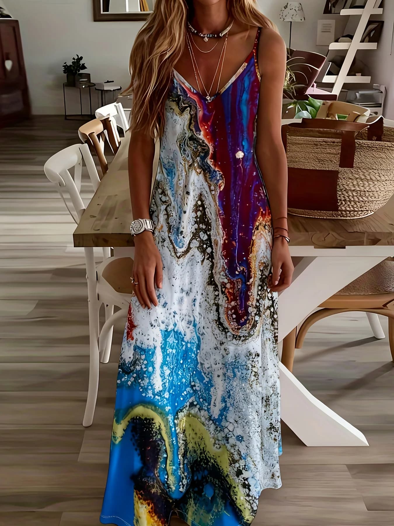 Printed Design casual style Abstract Colorful Wave Pattern Print women's dress