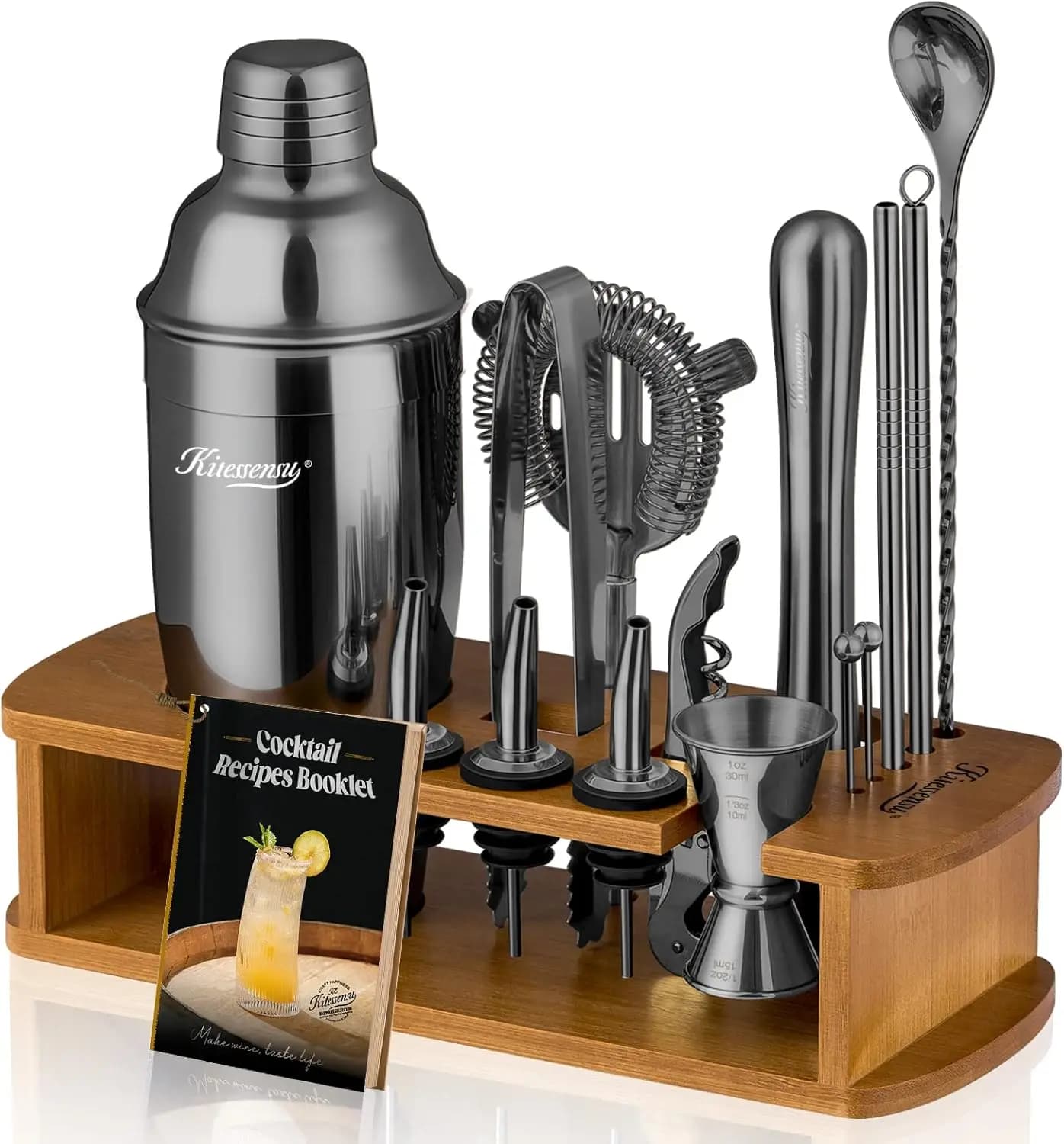 Set shaker professionale per cocktail con supporto - Kit mixer da bar da 15 pezzi, strumenti in acciaio inossidabile per barista domestico