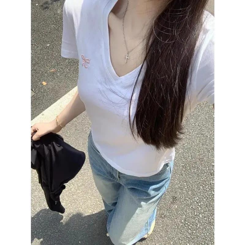 Sweet Spicy Girl V-Neck Short Sleeve T-Shirt Women Summer Knot Embroidery Slimming Bamboo Cotton Short Length Top
