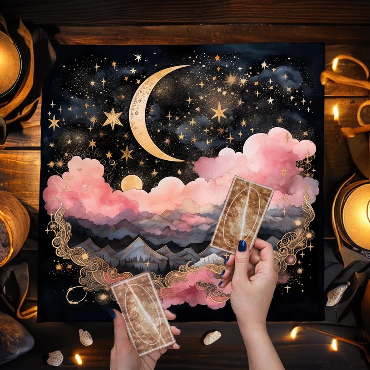 Sun Moon Starry Sky Tarot Tablecloth Altar Cloth Pink Cloud Divination Cloth Witchcraft Astrology Oracle Card Pad Home Decor