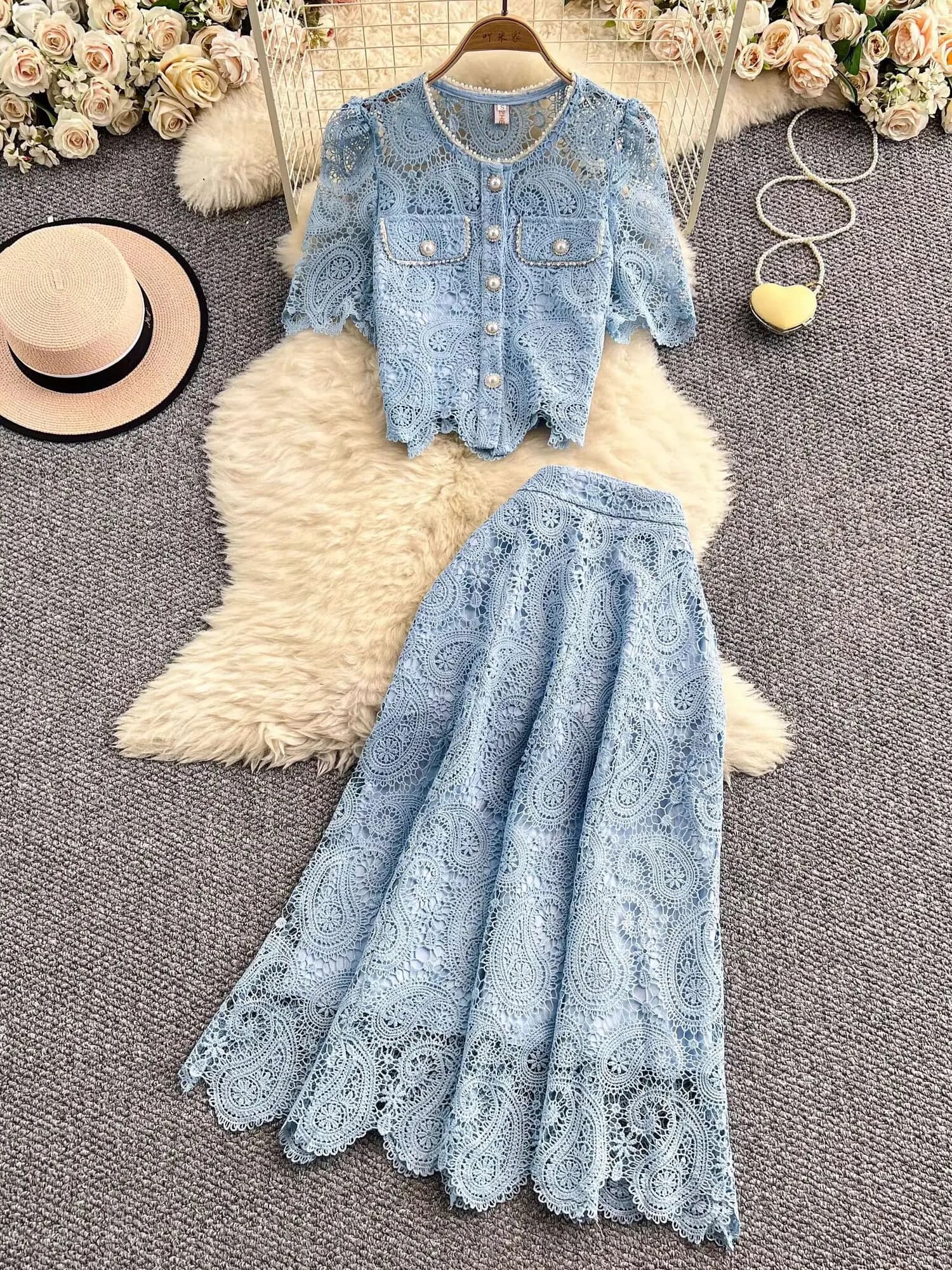 Abito lungo elegante con perle Abiti da donna Set da 2 pezzi Camicia estiva in pizzo con ricamo floreale a maniche corte Set di gonne longuette a linea