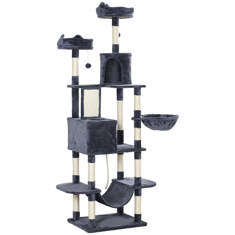 Grande Albero per Gatti 60x50x206 cm, Torre Multi-Livello con 2 Letti, 2 Cucce, 2 Amache e Tiragraffi per 1-3 Gatti fino a 18 kg
