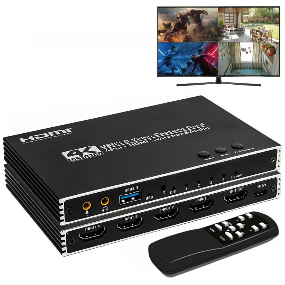 Scheda di acquisizione video con taglio quad screen 4 in 1 uscita Switch a 4 porte USB 3.0 Caputre di gioco Streaming live multicanale