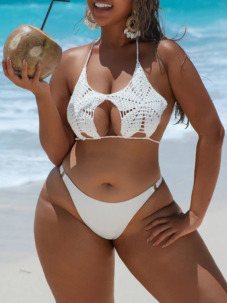 Plus Size Women's Sexy Five-pointed Star Halter With Straps Crochet Bikini Knitted Top Women's Swimwear Bagnant Swimwear