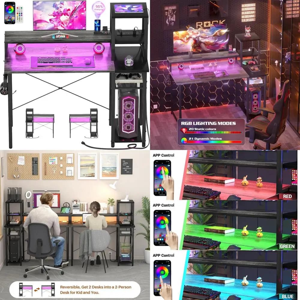 LED illuminated gaming desk, long monitor support, 40 reversible laptop tables with storage space for computer accessories
