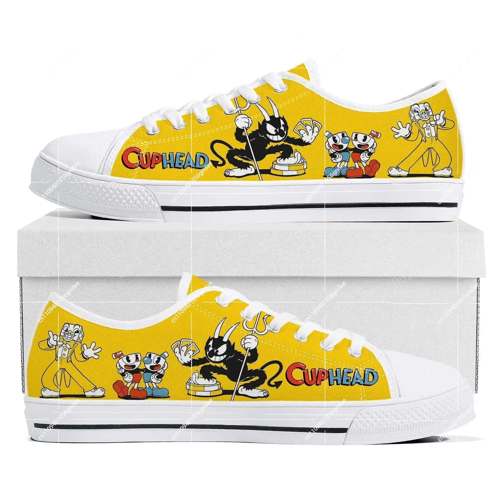 Sneakers basse in tela personalizzate con personaggi dei cartoni animati Cuphead e Mugman, per donna, uomo e adolescente, modello di coppia
