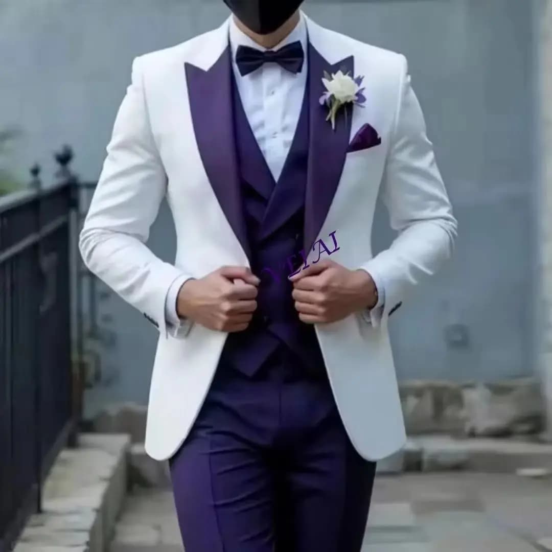 Customized 3 Piece Business Tuxedos Set White And Purple Blazer Vest Groom Groomsman Wedding Party Prom Male Formal Occasion