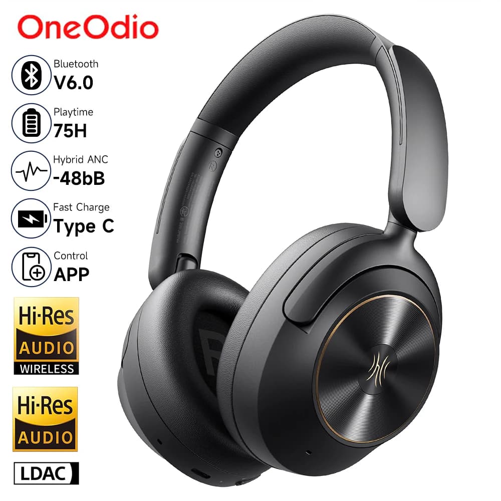 Oneodio A6 ANC Cuffie wireless Bluetooth 6.0 -48dB Cuffie ibridas con cancellazione attiva del rumore sopra l'orecchio con microfono APP LDAC ad alta risoluzione
