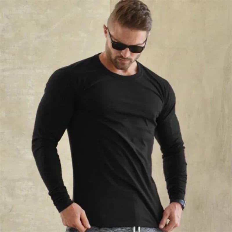 T-shirt a maniche lunghe in cotone autunnale tinta unita Abbigliamento da palestra Bodybuilding Abbigliamento fitness Camicie sportive slim fit moda casual da uomo