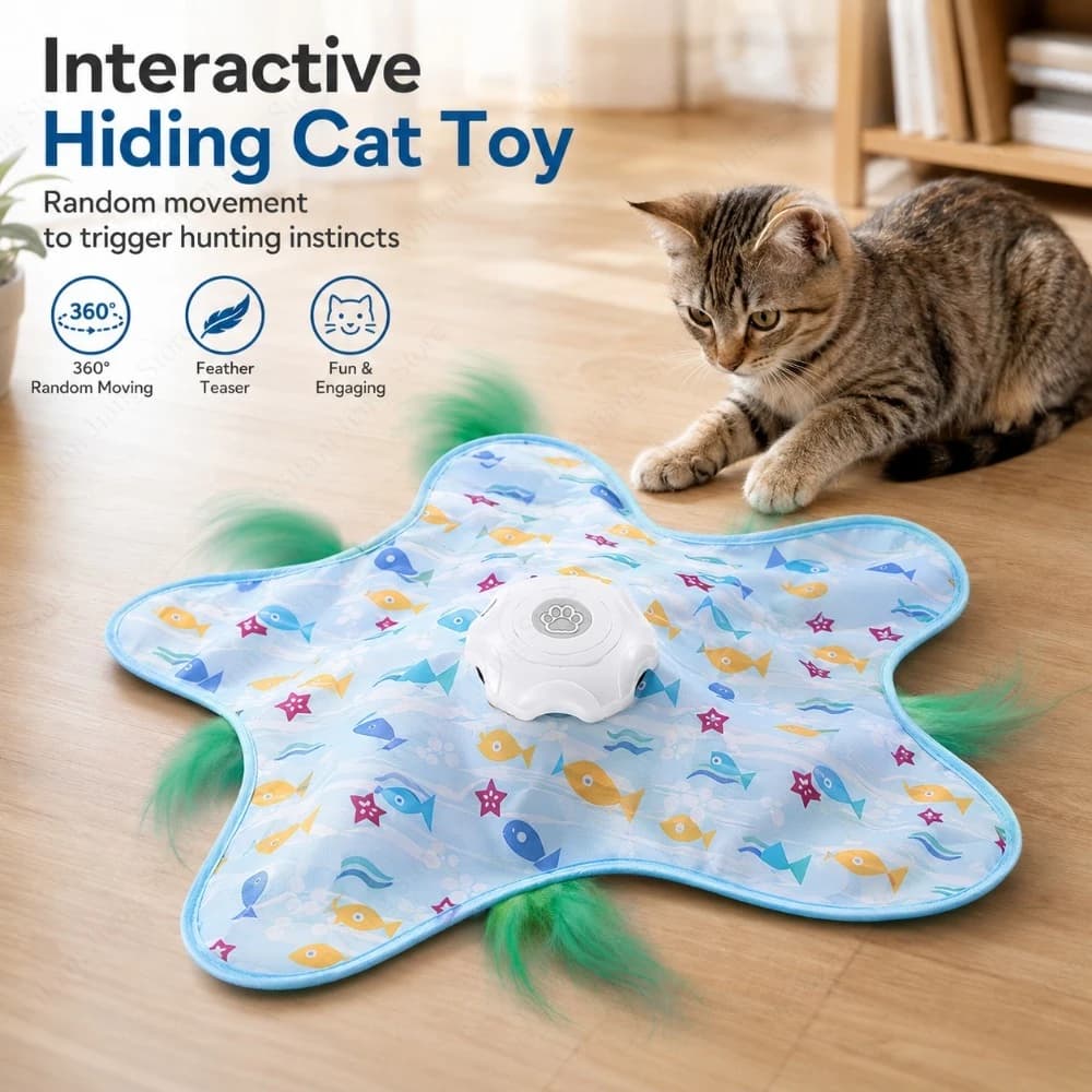 Interactive Cat Hide and Seek Toy Motion Activated Mouse with Concealed Feathers for Kittens Indoor Cats Hunting Play At Home