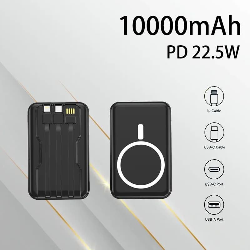 Power Bank Magnetico Wireless con Cavo Integrato 10000mAh, Alta Sicurezza, Ricarica Rapida Portatile, Lunga Durata