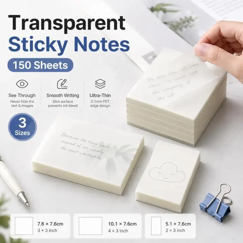 150 Sheets Transparent Sticky Notes, Clear Memo Pads for Books, Planners, Study, Sketching and Office