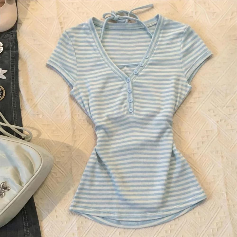 T-shirt Vintage American Street Y2K, Completo Due Pezzi a Righe Blu, Moda Casual Estiva, Top Slim-fit Stile Harajuku