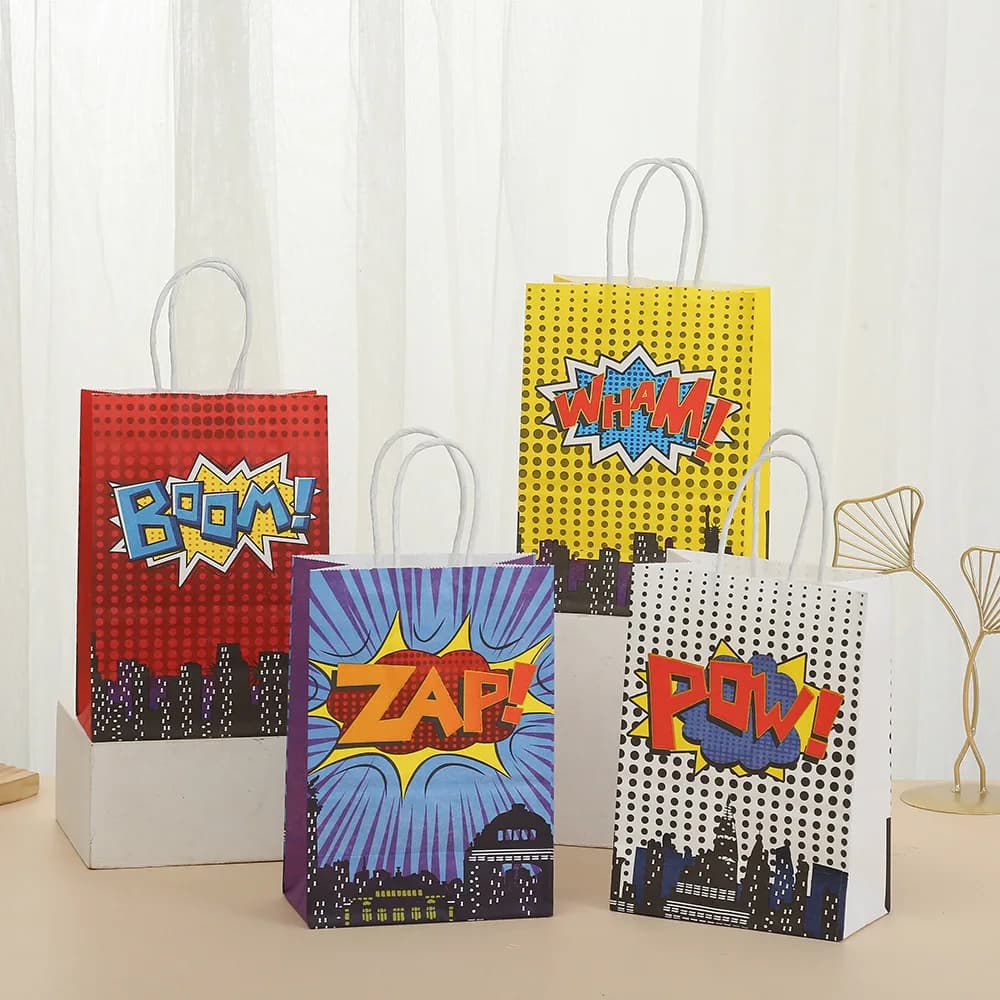 StoBag, Superhero Reusable Kraft Paper Gift Bags, Boom pattern, for birthday, party supplies, children's candy package, 12/30pcs