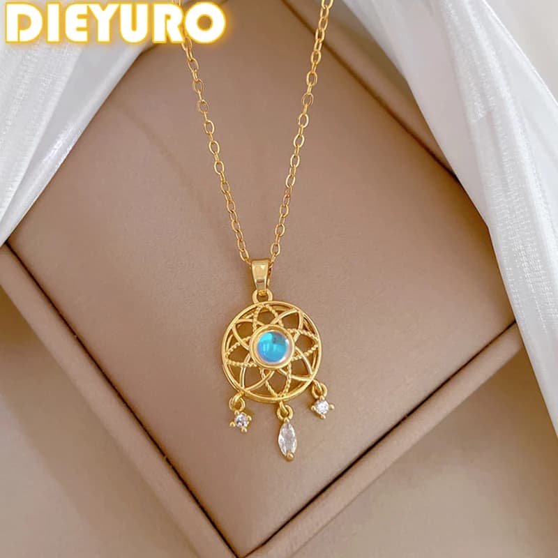 DIEYURO 316 Stainless Steel Blue Round Rhinestones Dream Catcher Pendant Necklace Women Waterproof New Trend Neck Chain Jewelry