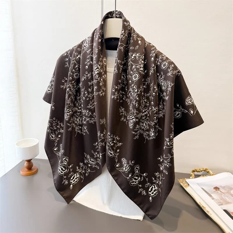 Luxury Vintage 90X90cm Square Scarf For Women Soft Stain Flower Print Scarfs Neck Shawl Warps Elegant Neckerchief Bandanas Hijab